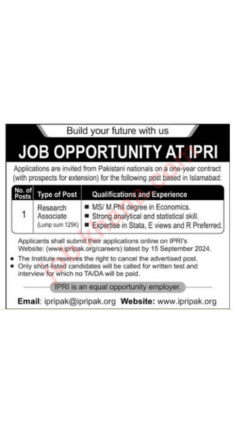 Job Opportunity at IPRI – Research Associate Position Available in Islamabad