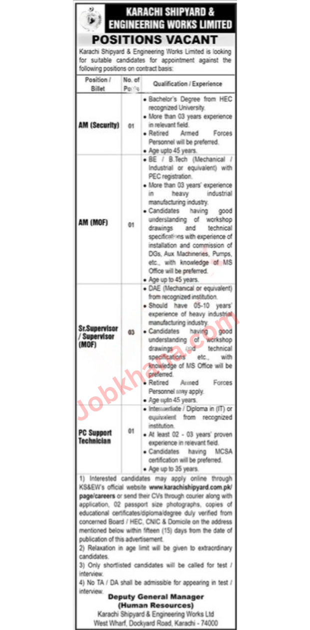 Karachi Shipyard & Engineering Works Limited Jobs September 2024