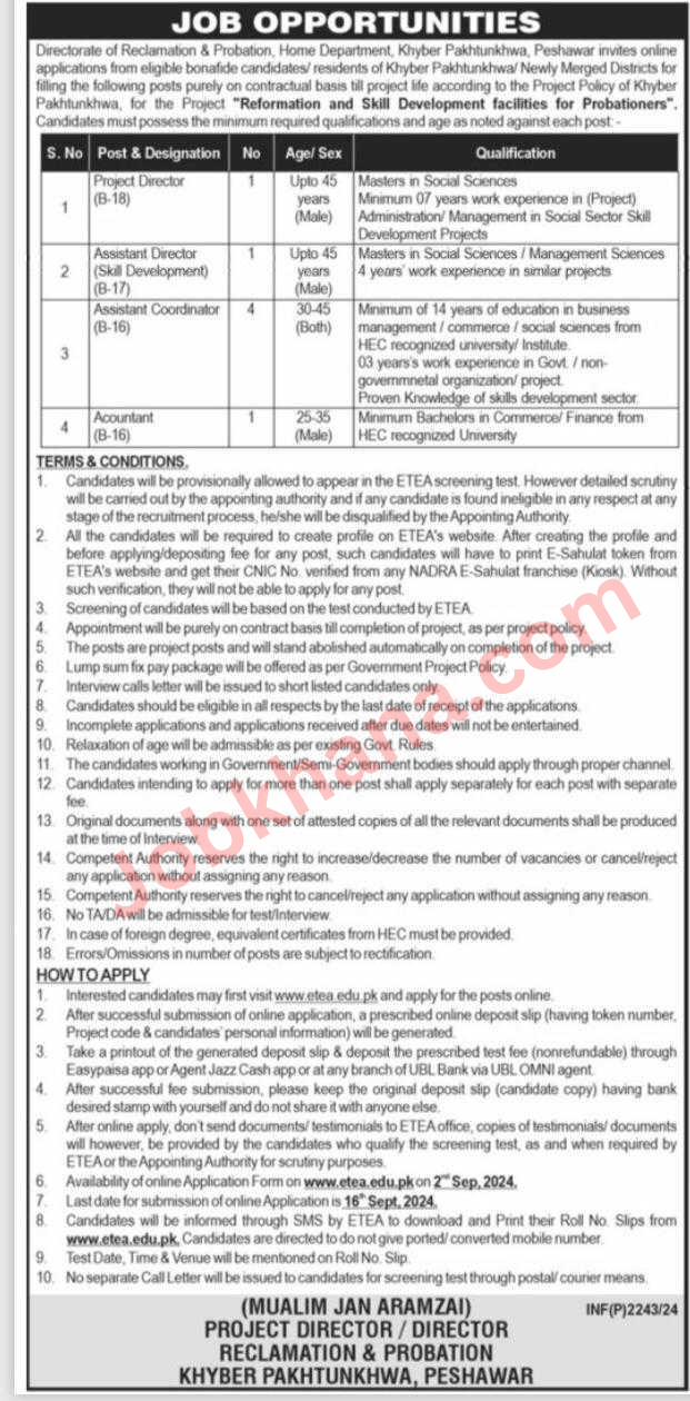 Directorate of Reclamation & Probation, Khyber Pakhtunkhwa Jobs 2024