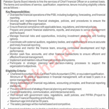 Hiring: Chief Financial Officer (CFO) at Pakistan Sports Board, Islamabad