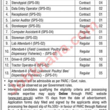 Pakistan Agricultural Research Council (PARC) Job Opportunities – September 2024