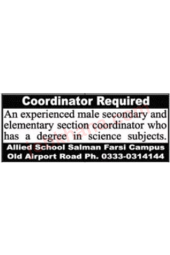 Coordinator Jobs 2024 at Allied School Salman Farsi Campus – Apply Now