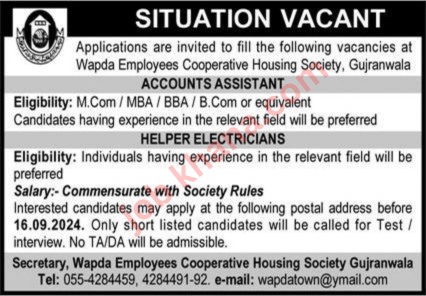 Job Openings at Wapda Employees Cooperative Housing Society, Gujranwala – September 2024