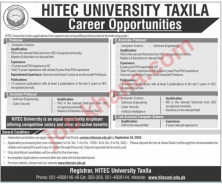 HITEC University Taxila Job Vacancies – September 2024