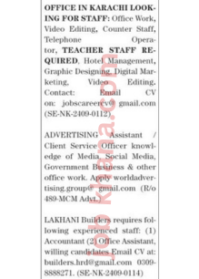 Multiple Job Vacancies in Karachi – Office Work, Teaching, Advertising, and More