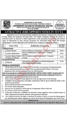 TEVTA Job Openings in Multan – Lecturers and Dispenser Positions