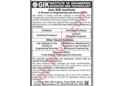 Vacancies at GIK Institute of Engineering Sciences & Technology Swabi – Apply Now