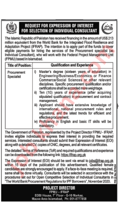 Procurement Specialist Job at Federal Project Management Unit Islamabad