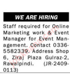 Job Openings for Marketing Manager & Event Manager in Private Company Rawalpindi – Apply Now!