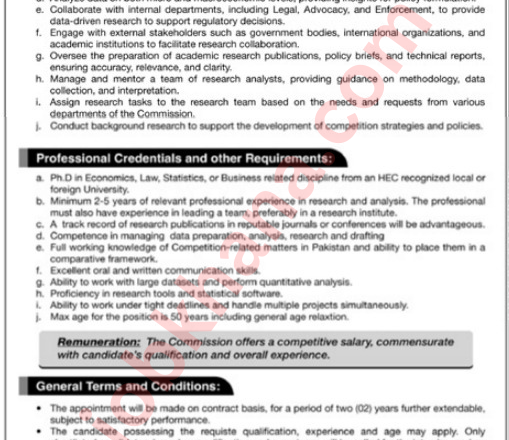 Senior Researcher Job Opportunity at Competition Commission of Pakistan (CCP)